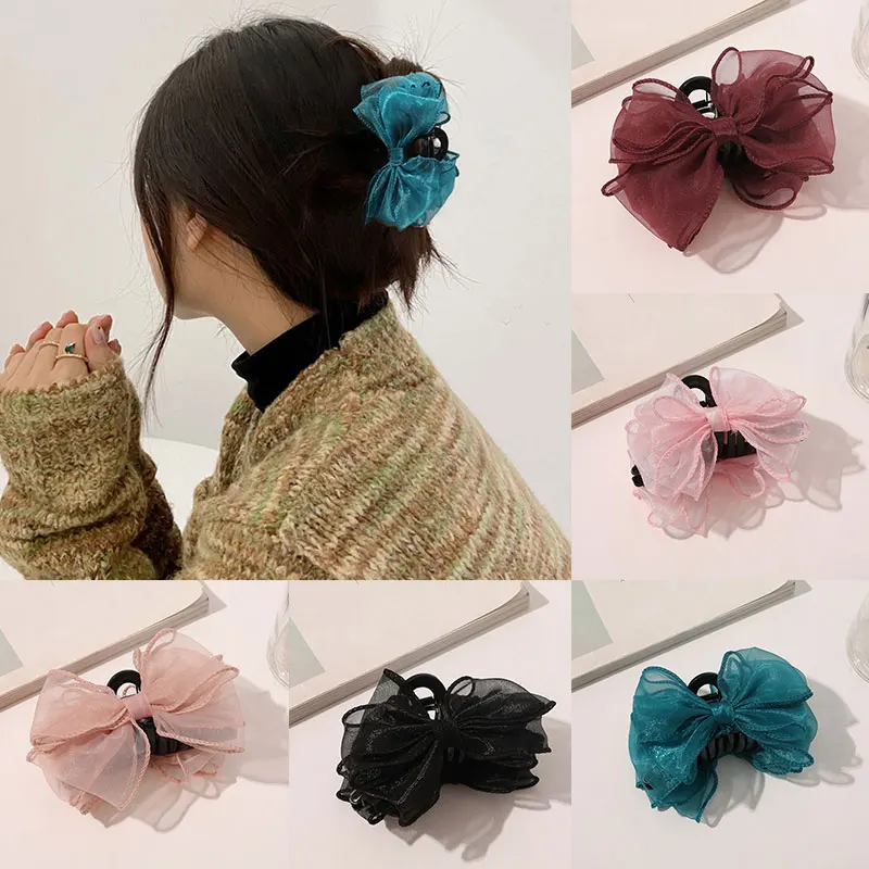 

Woman Hairpin Organza Bow Tie Hair Claws Solid Color Yarn Ribbon Bow Hairpin Bow Mesh Hair Clip Super Fairy Hair Accessories