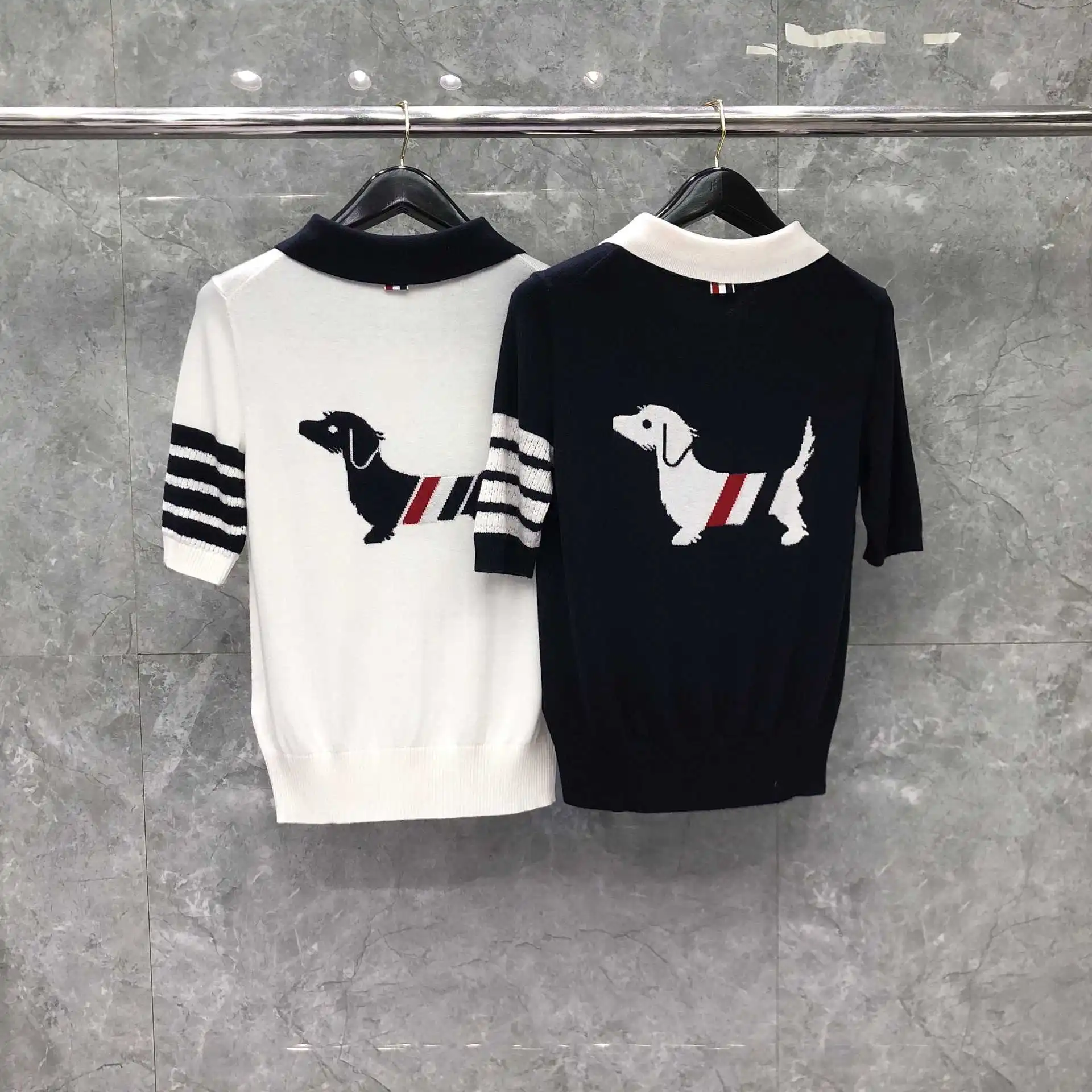 

2021 Fashion TB THOM Brand Polo Shirt Turn-down Collar Patchwork Short-sleeved Women Cotton Polo Puppy Pattern Summer Clothing