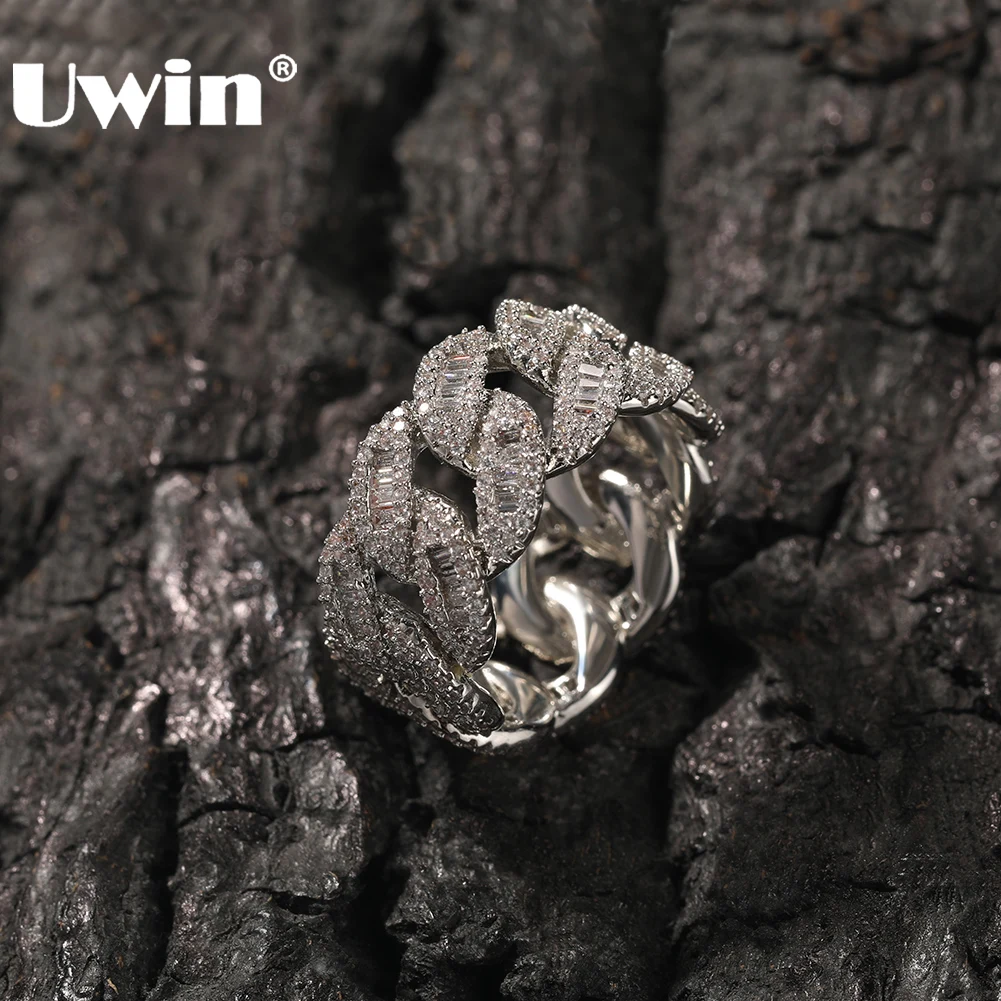 UWIN 12mm Cuban Link Rings Iced Out Baguette Ring for Men Cubic Zircon Silver Color Ring Fashion Hip Hop Jewelry for Gift