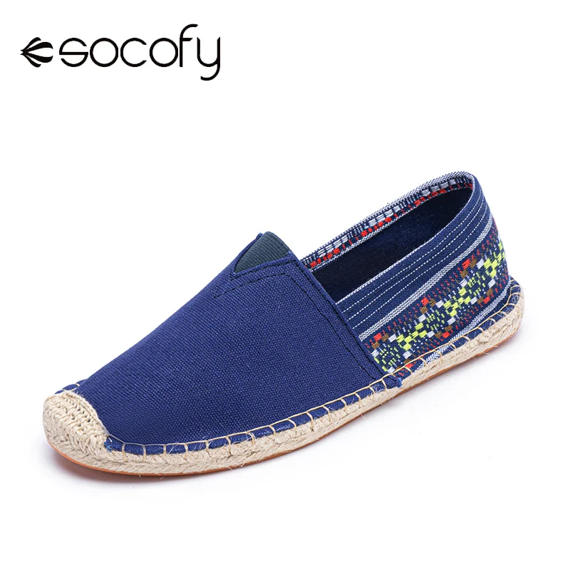 

SOCOFY Ethnic Splicing Colorful Striped Linen Comfy Breathable Slip On Casual Espadrille Flat Shoes Loafers Women Walk Shoes