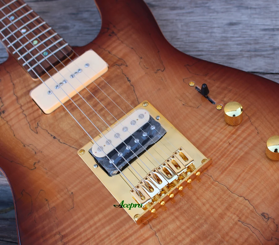 ACEPRO Высокое качество электрогитара, 2 шт. корпус из красного дерева и Spalted клен, Абалон Точки инкрустация, белый жемчуг тюнеры