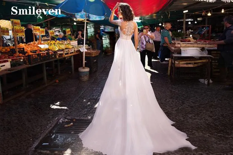Smileven Sexy Beach Wedding Dress Cap Sleeve Appliques Bride Dresses Side Split Spaghetti Strap Vestido De noiva Gowns | Свадьбы и