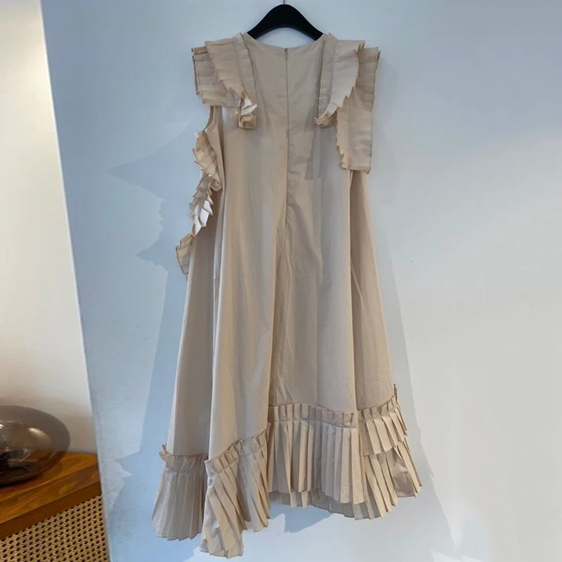 

ZCSMLL Pleated Stitching Round Neck Loose Women Vestido Solid Color Flying Sleeves Irregular Korean Dress 2021 Spring Summer