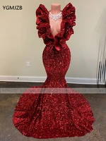 sparkly sequin long prom dresses 2022 black girl mermaid ruffles v neck sleeveless burgundy formal evening gown for wedding