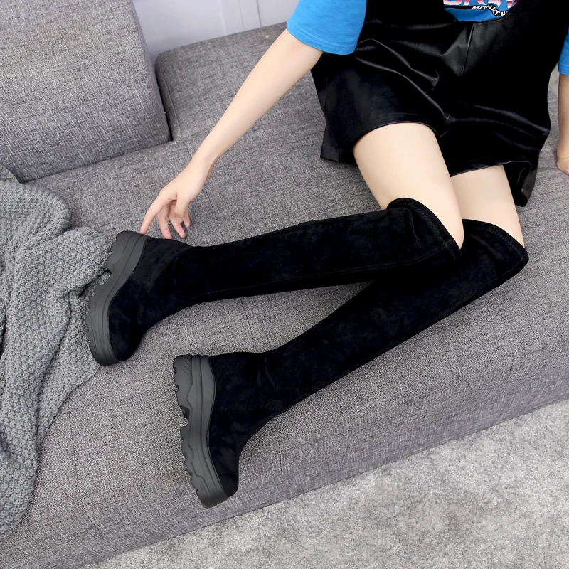 Сапоги женские зимние на платформе ботфорты из замши высоком каблуке с плюшевой