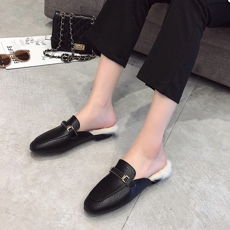 Меховые плюшевые тапочки с металлической пряжкой однотонные кожаные туфли