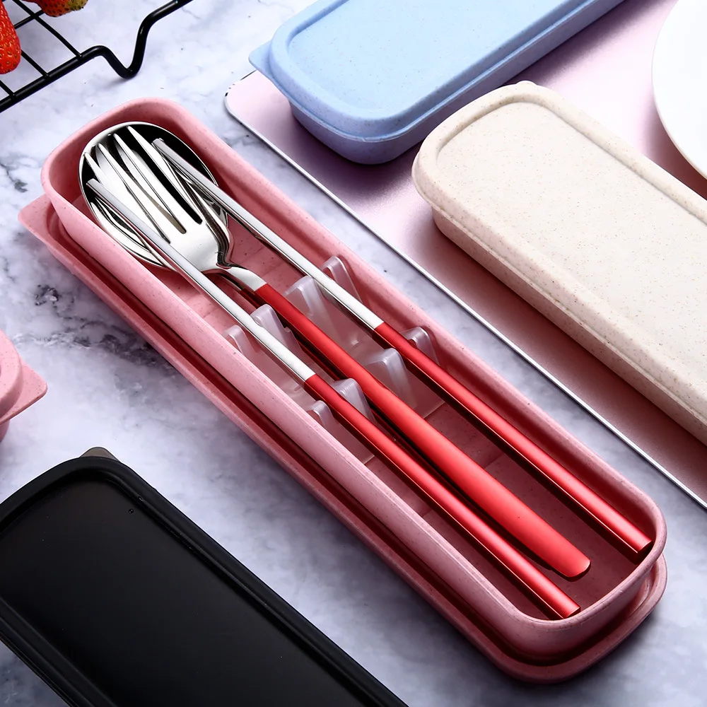 

OAPE Portable Travel Tableware Set 304 Stainless Steel Dinnerware With Box Kitchen Fork Spoon Dinner Set For Kid School Cutlery