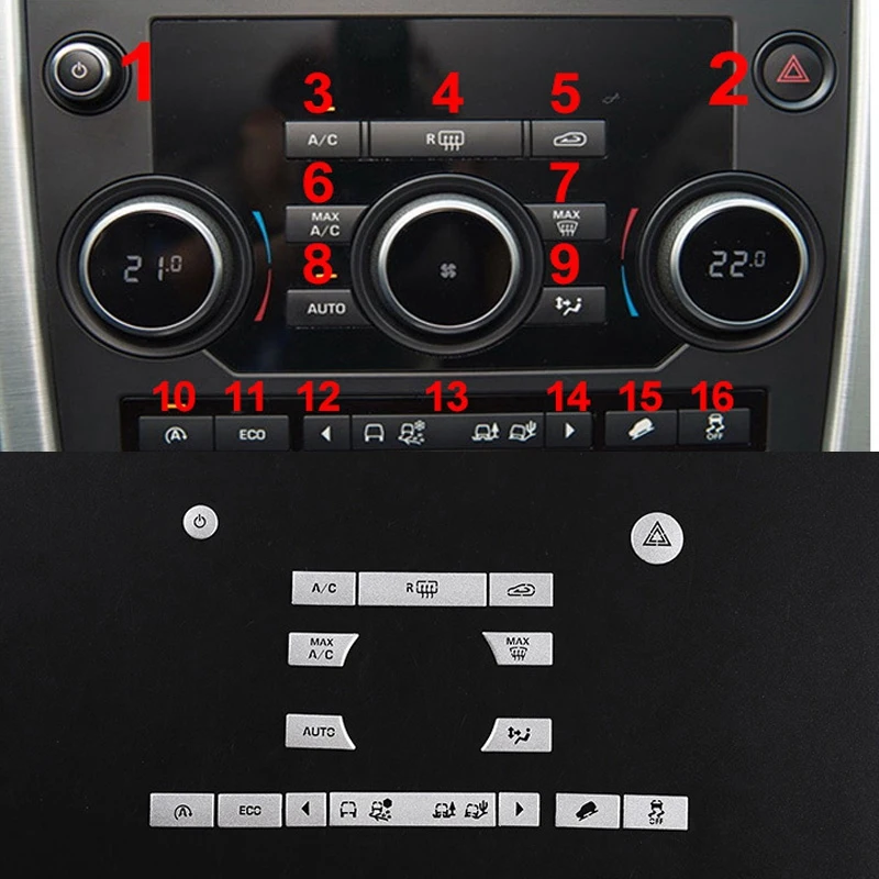 

16 шт., наклейки на кнопки кондиционера Land Rover Discovery 2000-2019