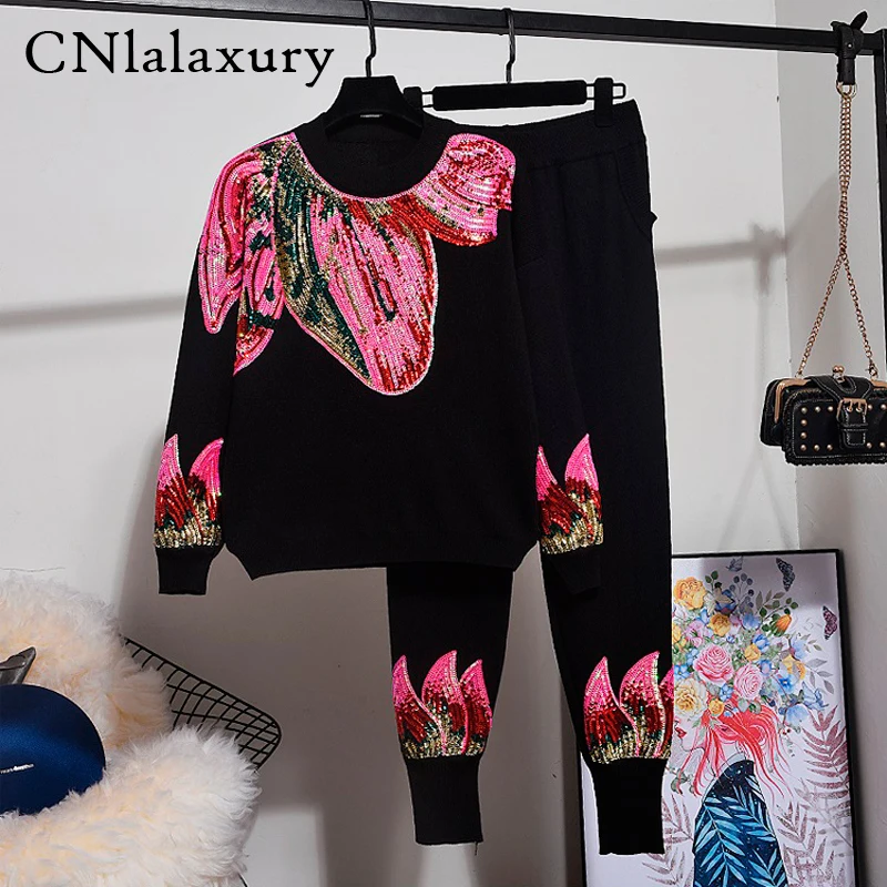 Женский спортивный костюм с блестками Свободный вязаный свитер длинным рукавом