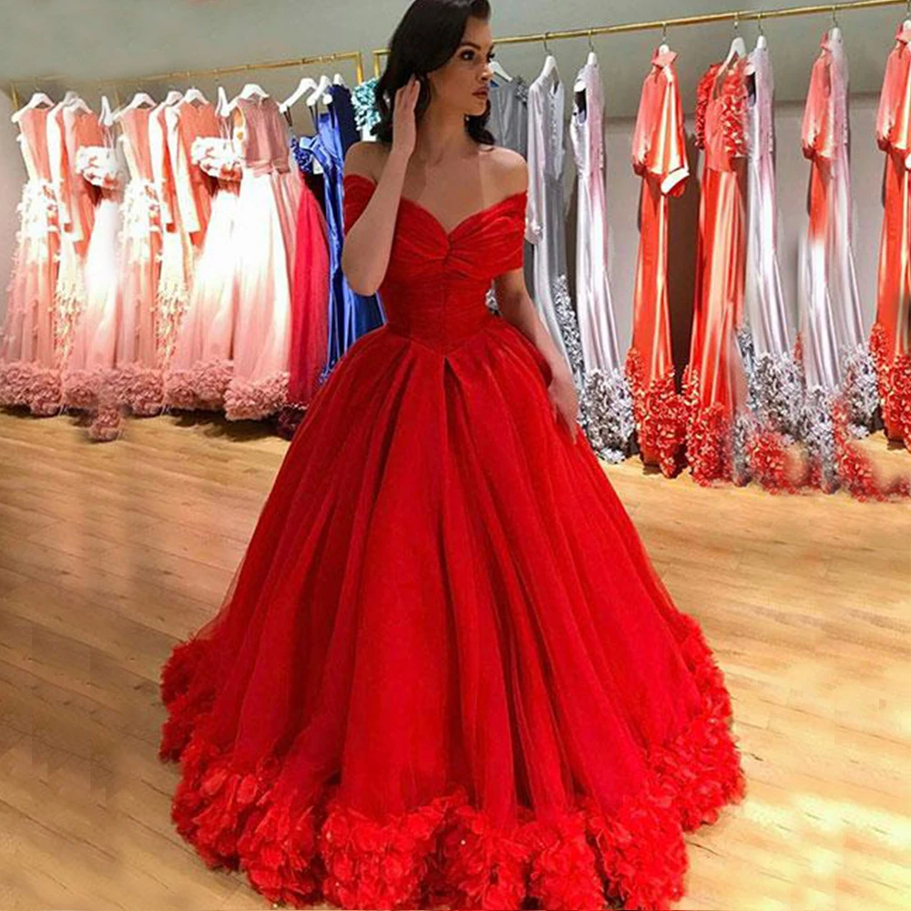 

New Off the Shoulder Red Prom Dress Evening Gown Ruched Shoulder Sleeves Wedding Party Dres Petals Hem Formal Dress Vestidos Puf