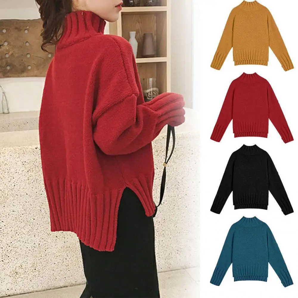 

Women Pullovers Sweater Autumn Winter Long Sleeve Turtleneck Split Hem Knitted Pullover Sweater Winter Clothes High Quality 2021