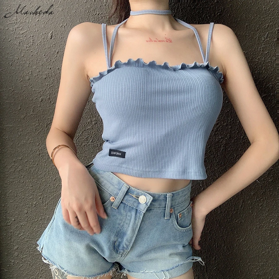 

Macheda Summer Blue Rib Knitting Crop Top Women Sling Ruffles Tank Top Fashion Lady Slin Street Casual Elastic Camis 2020 New
