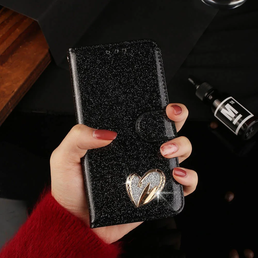 Black Роскошный чехол-кошелек для samsung S9, S8, S10 Plus, блестящий чехол С Откидывающейся Крышкой в виде сердца, подставка, мягкий кожаный чехол для Galaxy S7 edge, Note 8 - Цвет: Black