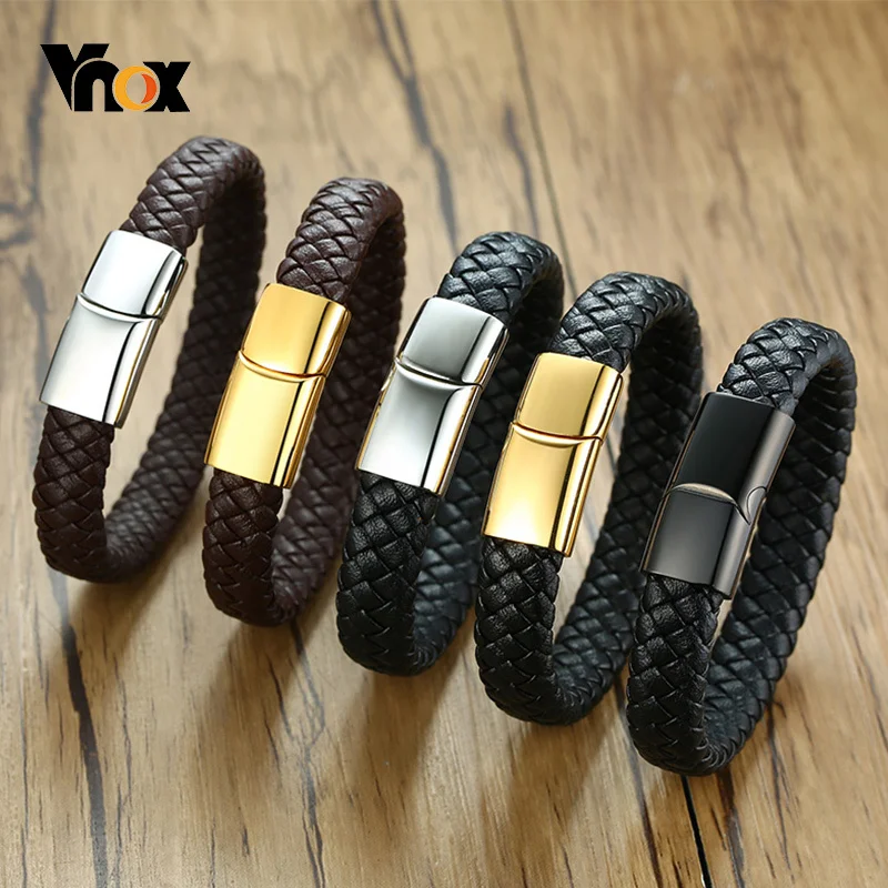 Vnox Men's Stylish Black/Brown Braided Leather Bracelet Stainless Steel Clasp Punk Bangles 19/21cm | Украшения и аксессуары