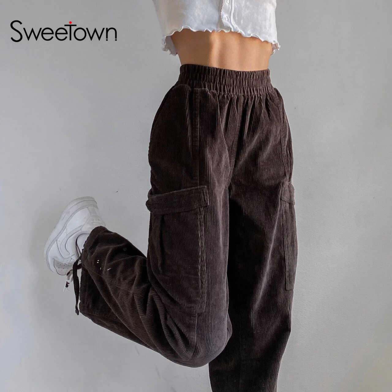 

Sweetown Brown Corduroy New Aesthetic Baggy Joggers Women Vintage 90s Streetwear Pockets High Waist New Womens Cargo Pants