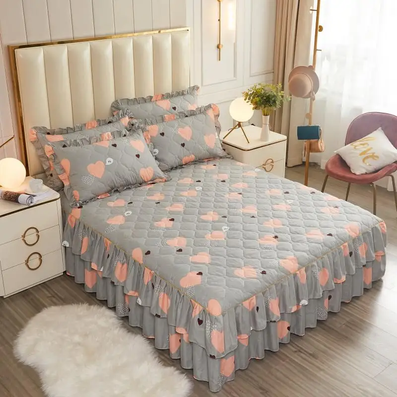 

3 pcs Free Shipping 1/2/3pcs pastoral Solid bed skirt bed cover sheets cotton quilted lace bedspread lace bed sheet
