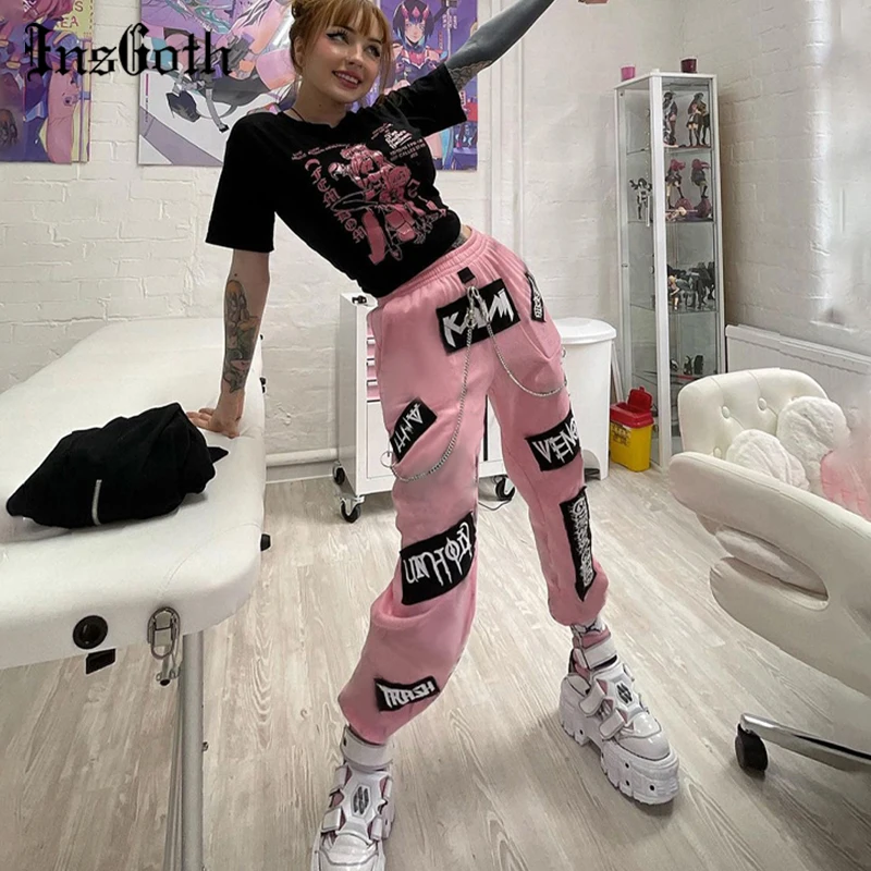 InsGoth Y2K Grunge Punk Pink Chain Trousers Harajuku Letter Print High Waist Sweatpants Mall Goth E Girl Streetwear Joggers Fall