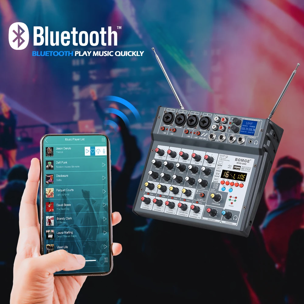 Микшерная консоль со встроенным микрофоном 6 каналов Bluetooth USB 16 DSP эффектов для
