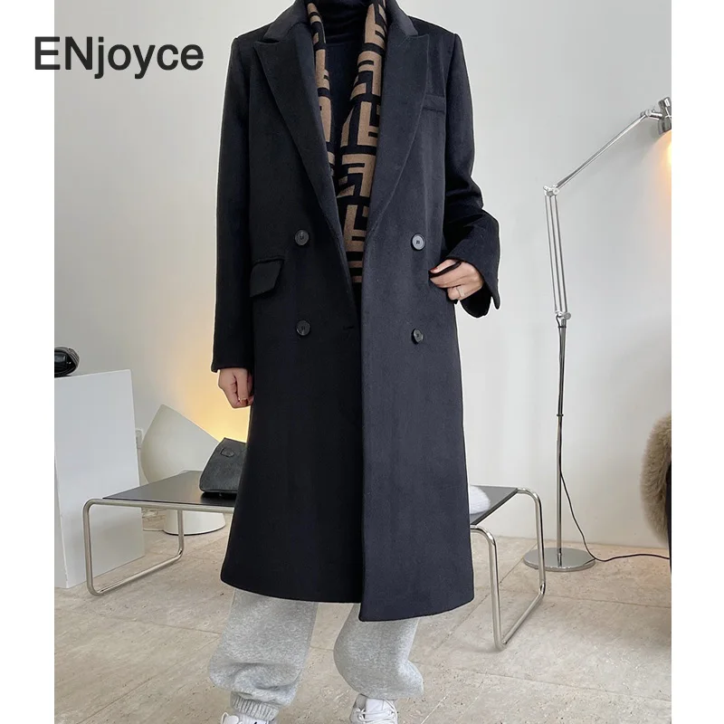 Зимнее новое шерстяное кашемировое длинное пальто в стиле ретро черный