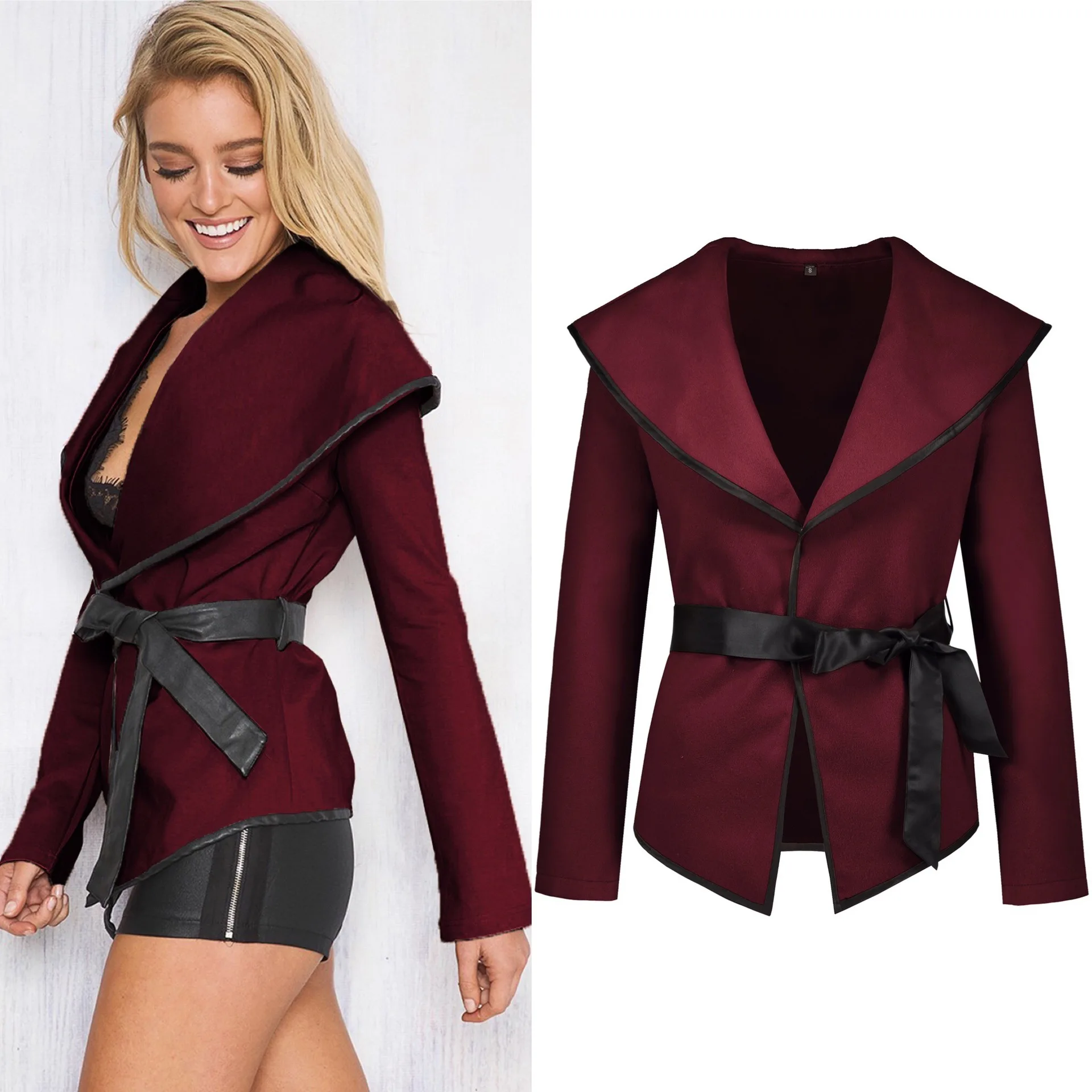 

2020 hot sale autumn and winter 2020 turn-down collar slim sheath sexy woman coat solid belt sashes comfortable female coat