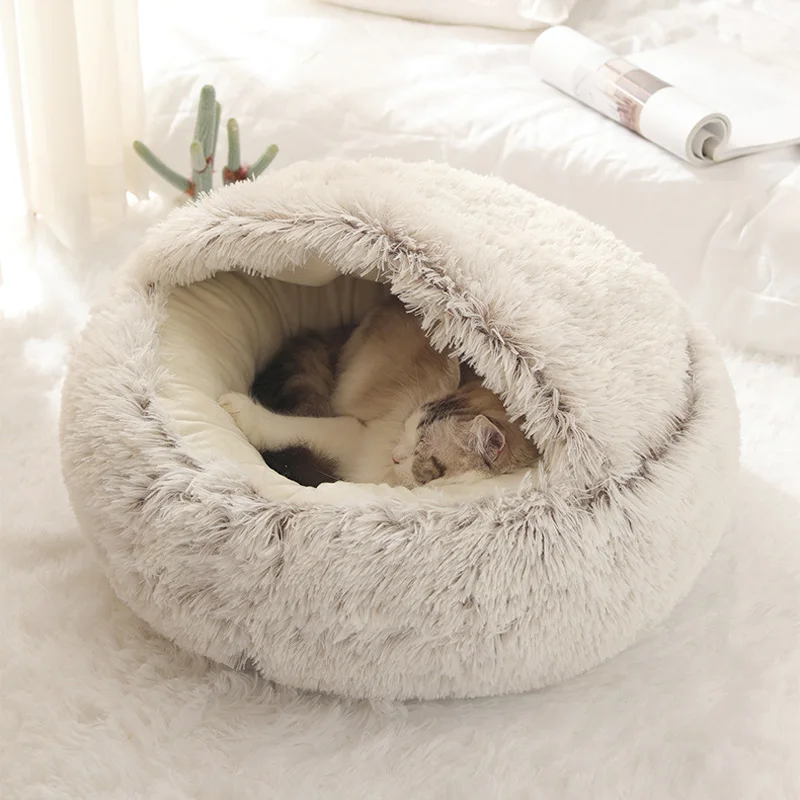 

New Pet Dog Cat Round Plush Bed Semi-Enclosed Cat Nest for Deep Sleep Comfort in Winter Cats Bed Little Mat Basket Soft Kennel