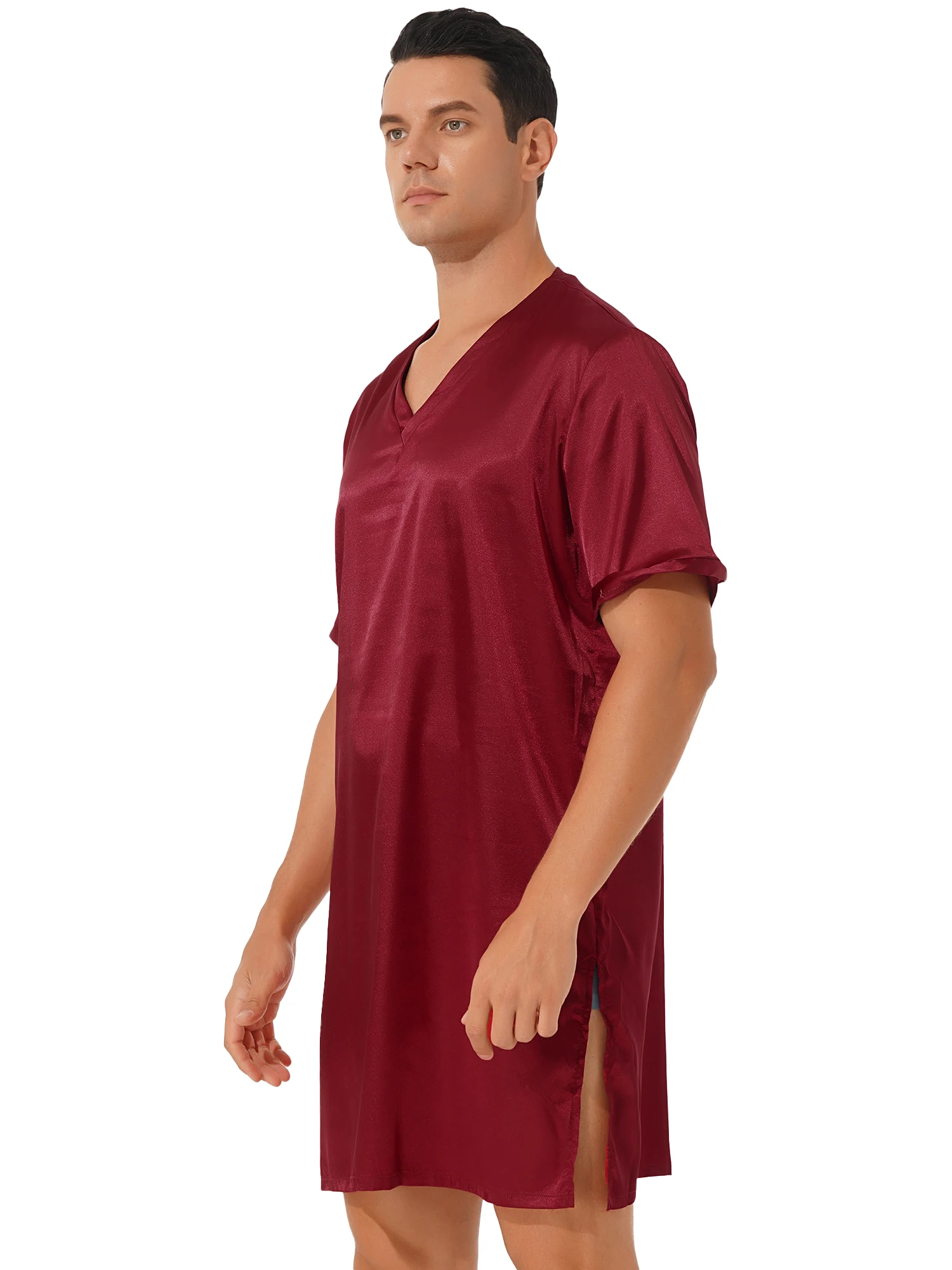 Men Satin Sleepwear V Neck Short Sleeve Nightgown Nightclothes Homewear Sides Split Nightwear