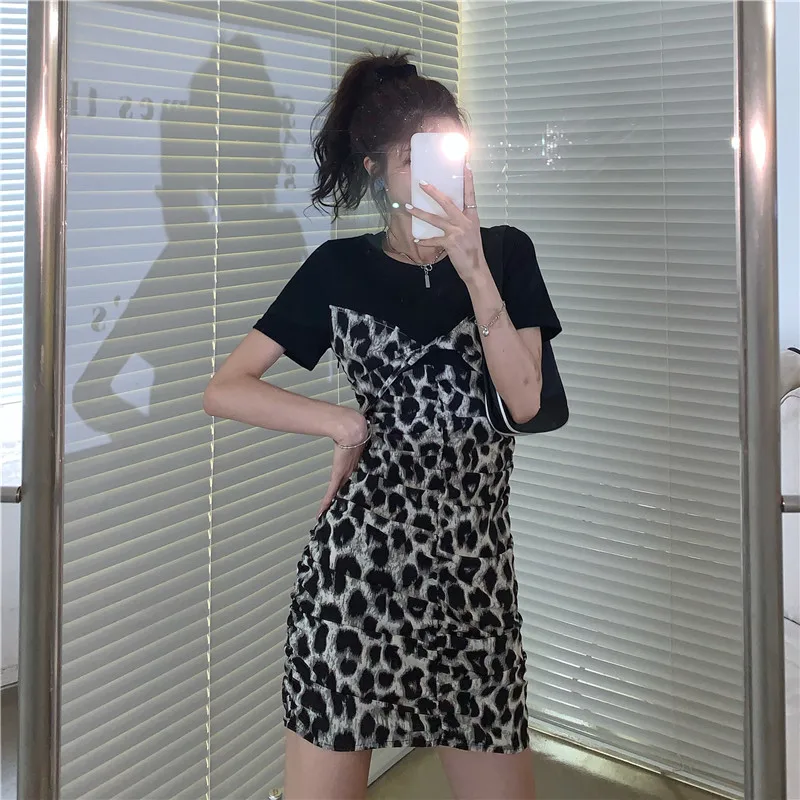 

2020 new dress net red suit skirt waist slimming leopard temperament goddess fan dress female summer skirt