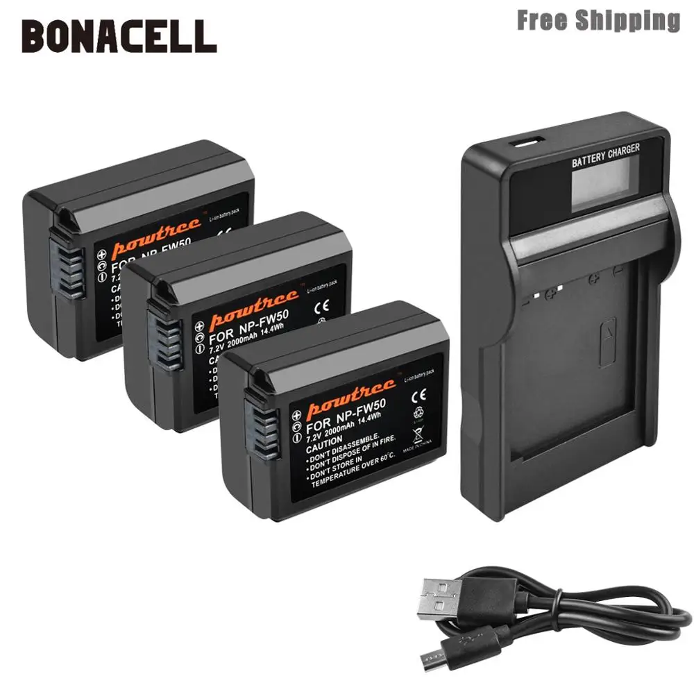 3XBattery Charger Bonacell 2000 мА/ч, NP-FW50 NP FW50 Батарея+ ЖК-дисплей Зарядное устройство AKKU для sony NEX-7 NEX-5N NEX-5R NEX-F3 NEX-3D Alpha a5000 a6000 L50 - Цвет: 3XBattery Charger