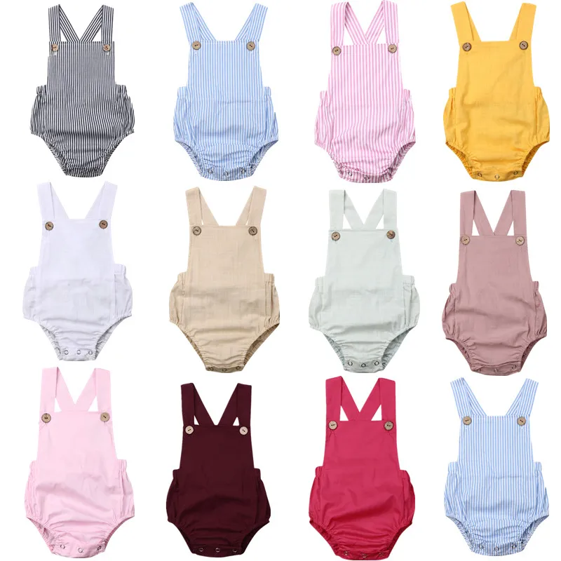 

Newborn Infant Baby Boy Girl Playsuit Summer Button Jumpsuit Striped Casual Sleeveless Backless Solid Outfits Clothes