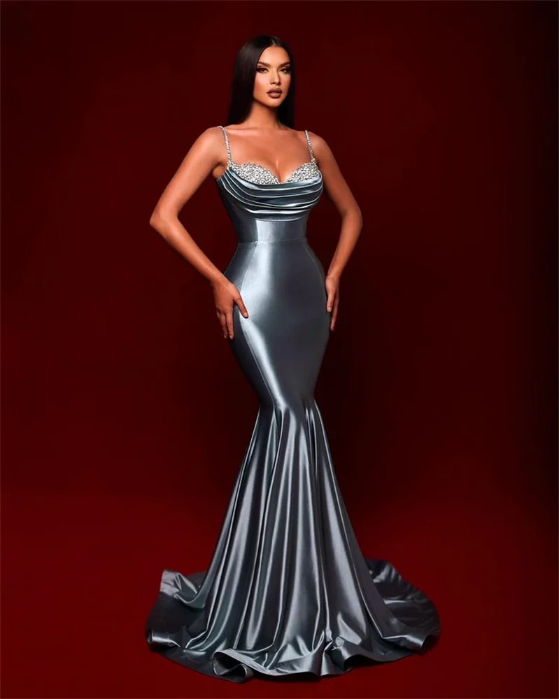 

Elegant Silvery Spaghetti Straps Mermaid Formal Evening Dresses Minimalism Sequined Ruffles Custom Celebrity Gowns