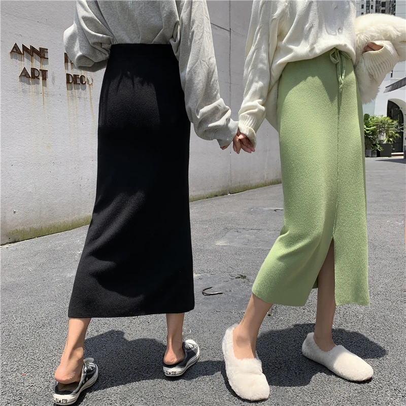 Видео # Осень/Зима до раскола авокадо зеленые высокие талии трикотажные юбки