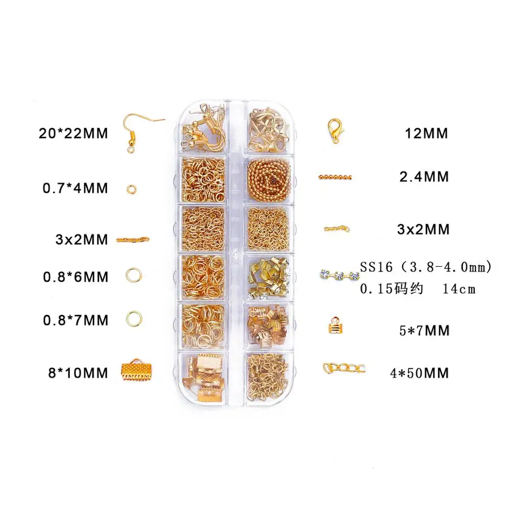 

Hot 12 Grid 1 Box Plated Clasp Earring Hook Chain Jump Ring Ball Chain Box For DIY Earring Making Jewelry Accessories