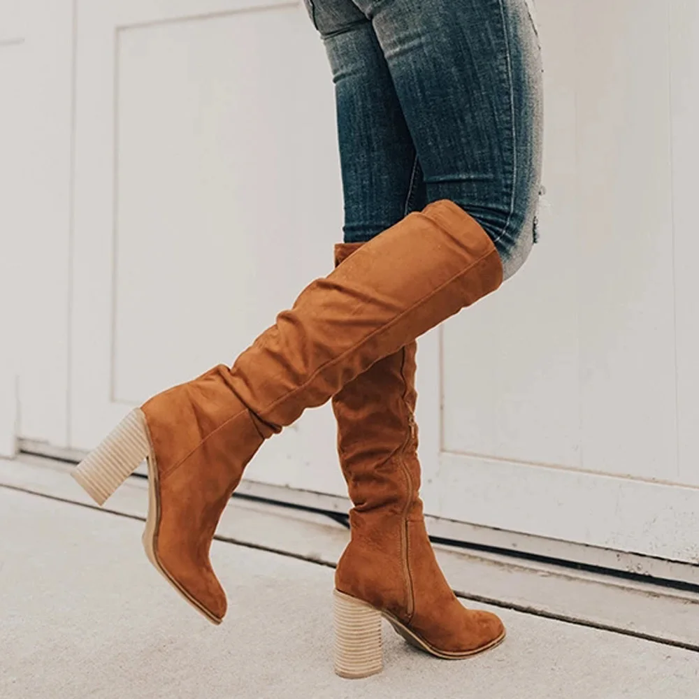 Сапоги из искусственной замши женские вечерние сапоги до колена с острым носком