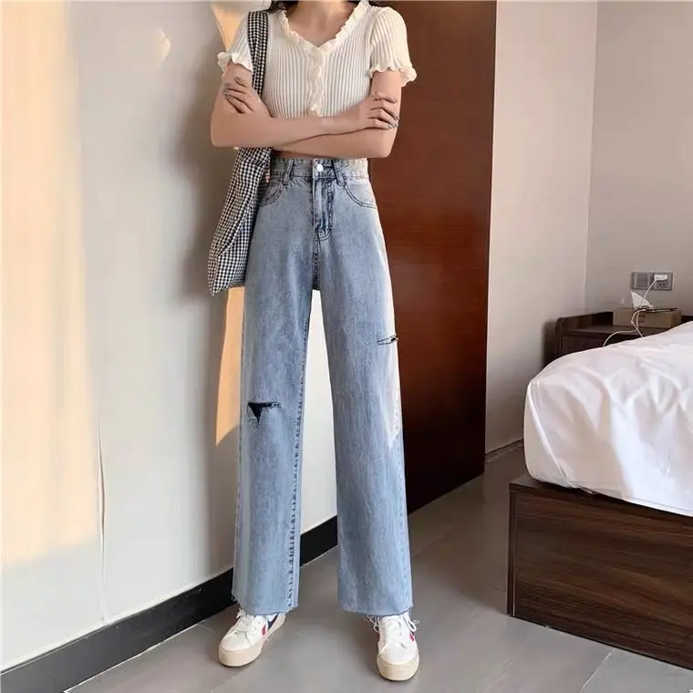 

2021 South Korean new ins personalized high waist straight jeans for women