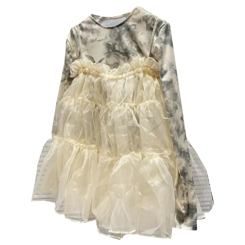 

Ink Floral Fork Long Sleeve T-shirt + Cake Screen Skirt Set 2021 Summer New Fashion Set