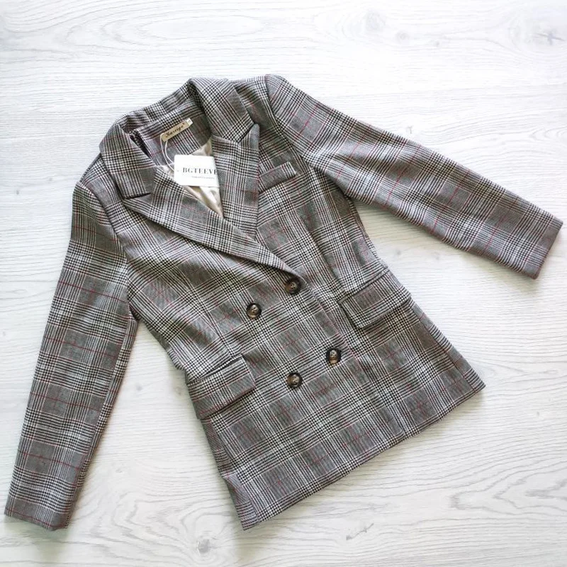 

2019 Double Breasted Plaid Women Blazer Pockets Jackets Elegant Retro Suits Coat Feminino blazers Outerwear
