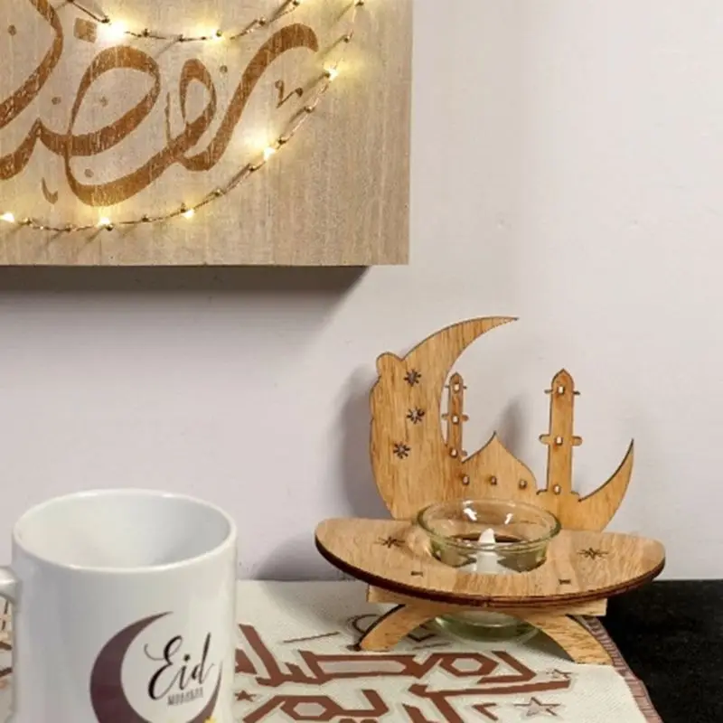 

DIY Wood Eid Mubarak Moon LED Candlestick Light Wooden Decoration Ramadan Handicraft for Home Islam Muslim Event Party Supplies