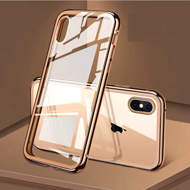 Transparent Gold Двустороннее стекло 360 Магнитная Адсорбция флип чехол для iPhone 11 Pro Max XS MAX XR XS X 8 Plus 7 6 6 S магнит передняя+ задняя крышка - Цвет: Transparent Gold