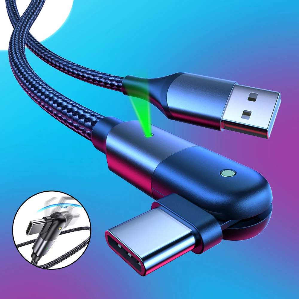 FONKEN поворот кабель с разъемом USB Type C 3A для быстрой зарядки светодиод Samsung Huawei Xiaomi LG