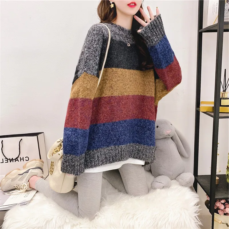 Женский Теплый свитер в разноцветную полоску H.SA джемпер оверсайз радужной