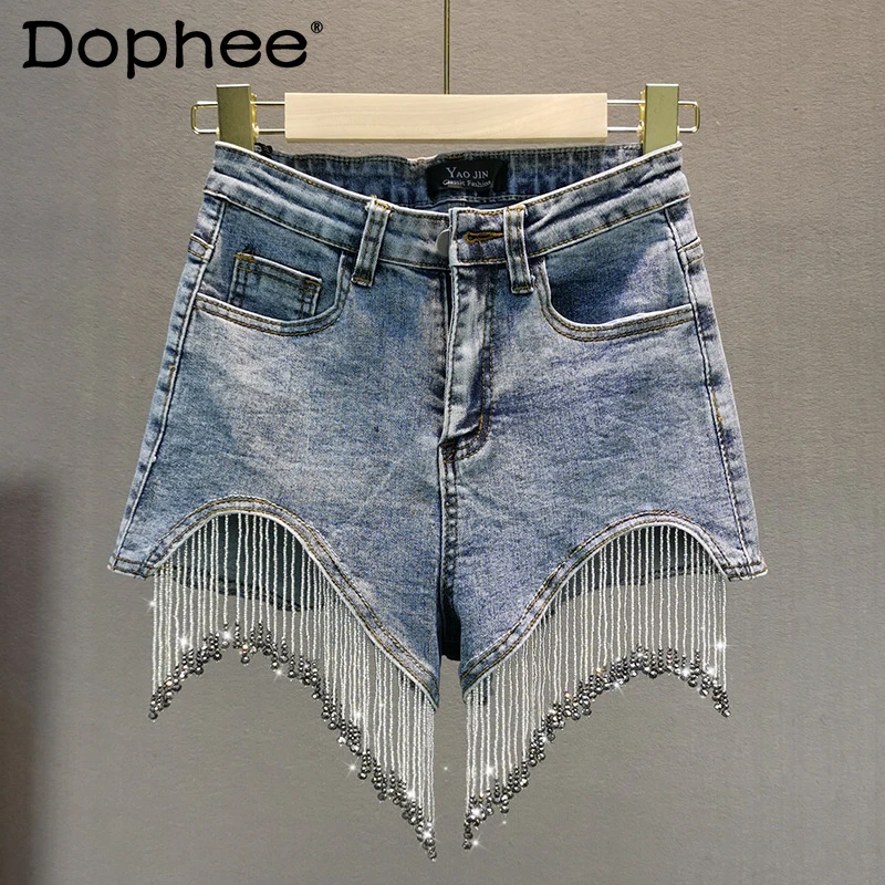 

2021 Spring and Summer Denim Shorts Ladies Elastic High Waist Hip Fashion Shorts Rhinestone Fringed Denim Shorts Women Hot Pants
