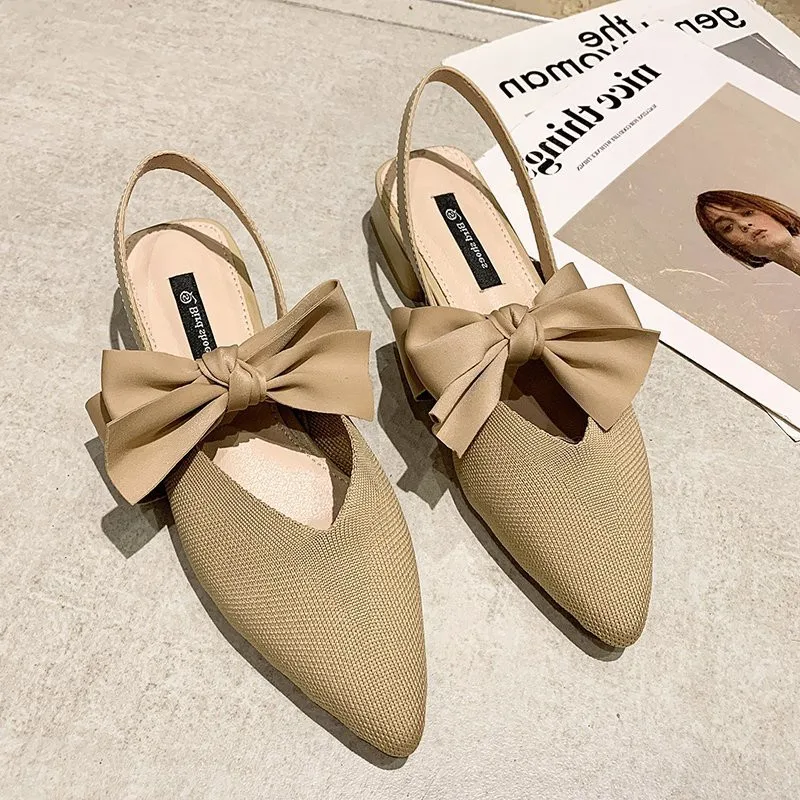 

Low Sandals Woman Leather Suit Female Beige All-Match Bow Shoes Clear Heels Med Low-heeled Black Fashion Retro Spring Closed 202