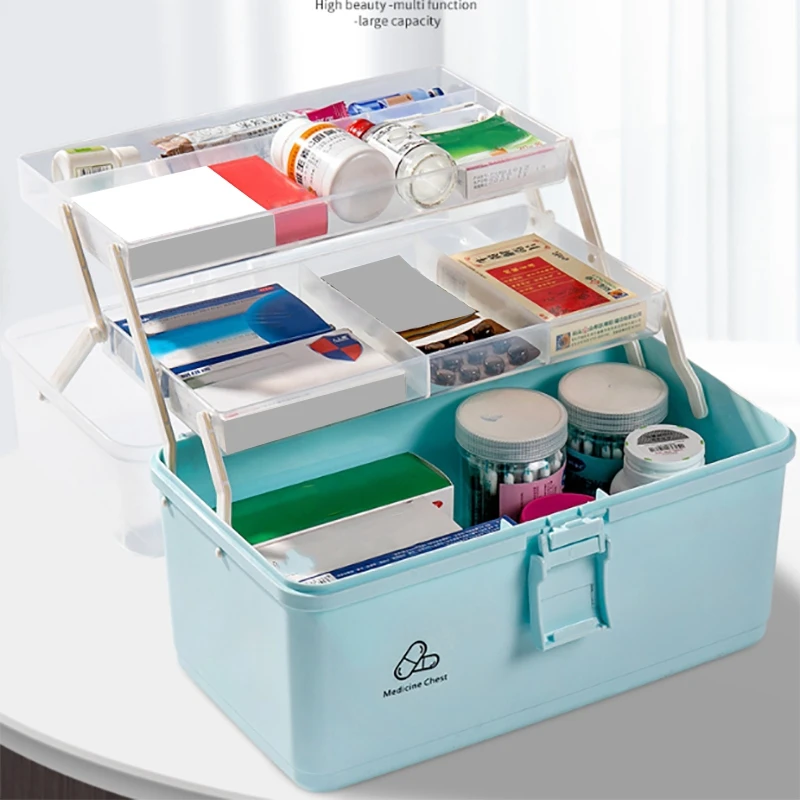 

32X18X16cm(Beige)3 Layers Family Portable Storage Medicine Gathering Case Box, Medicine Makeup Stationery Box Desk Portable Stor