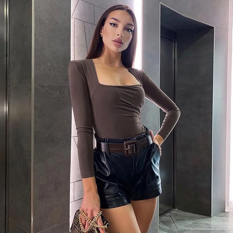 

Модный облегающий боди, женская одежда, однотонный цельный комбинезон, комбинезон с длинным рукавом, комбинезон с квадратным воротником, по...