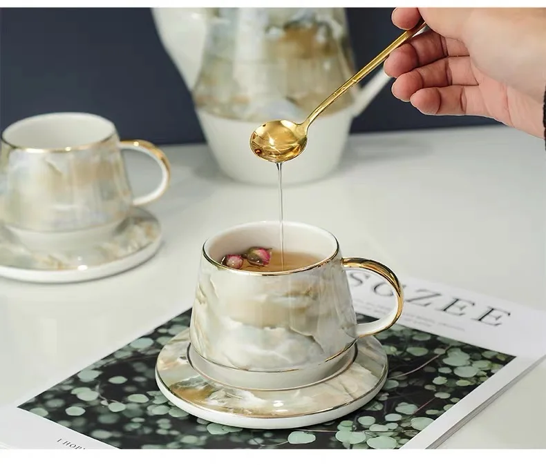 

Nordic Cold Water Teapot Ceramic Coffee Tea Set With Stainless Holder Ceramic Tray Saucers Spoons