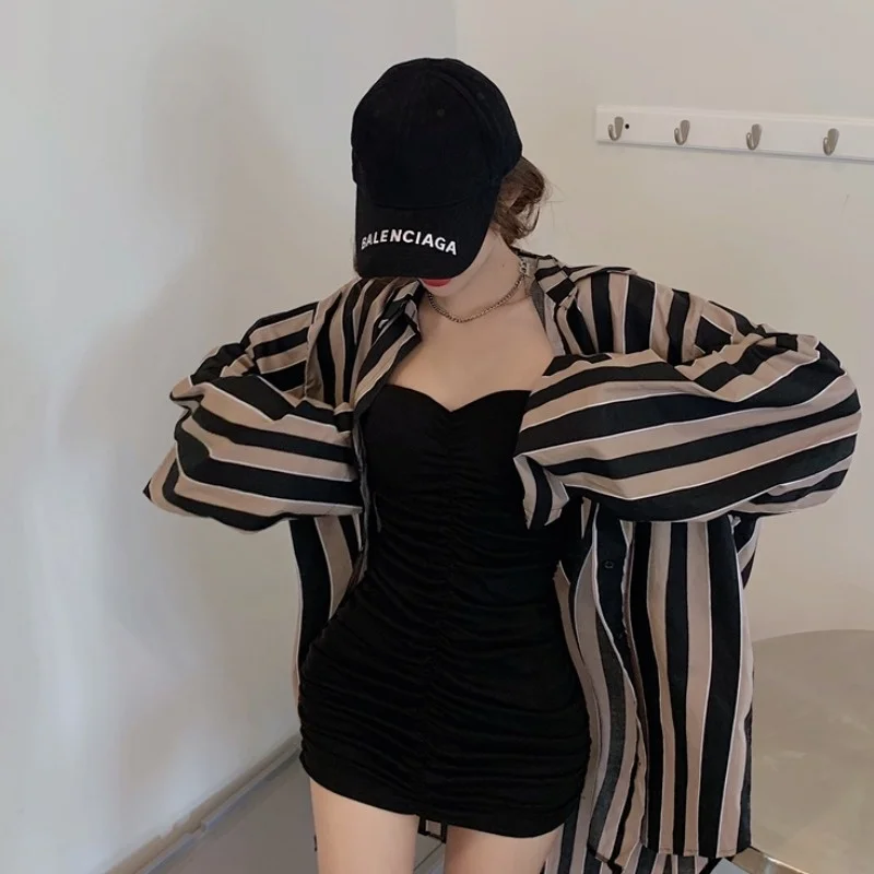 

Striped Shirt Women's Mid-Length Idle Style Design Sense Niche Long Sleeve Shirt Coat Hong Kong Style Autumn Retro Top