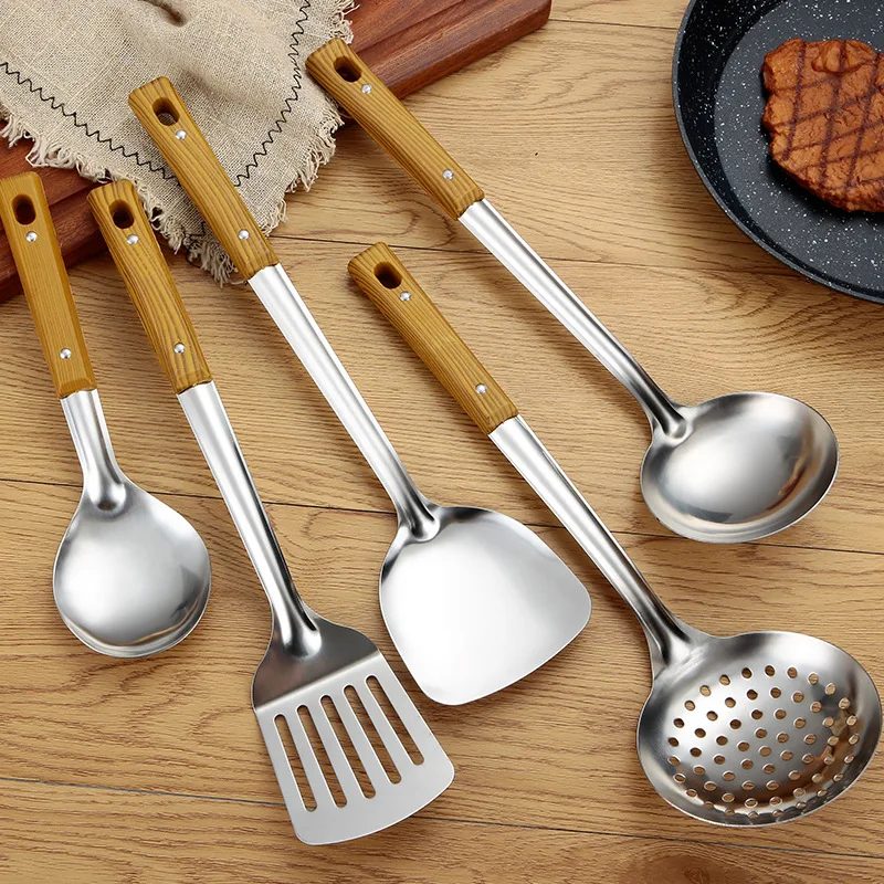 

Imitation wood grain handle stainless steel spatula soup spoon frying spatula colander insulated kitchen utensils kitchen househ