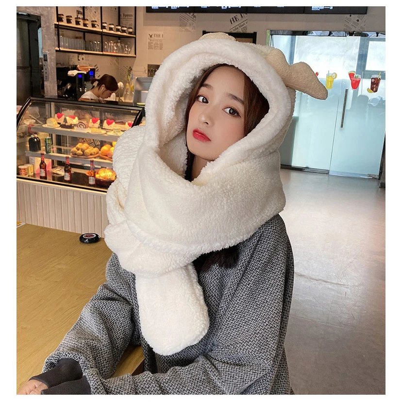 

Winter Cute Cartoon Antler Hat Scarf Gloves Set For Women Girl's Faux Lamb Warm Ear Protection Scarves Velvet Thicken Cap