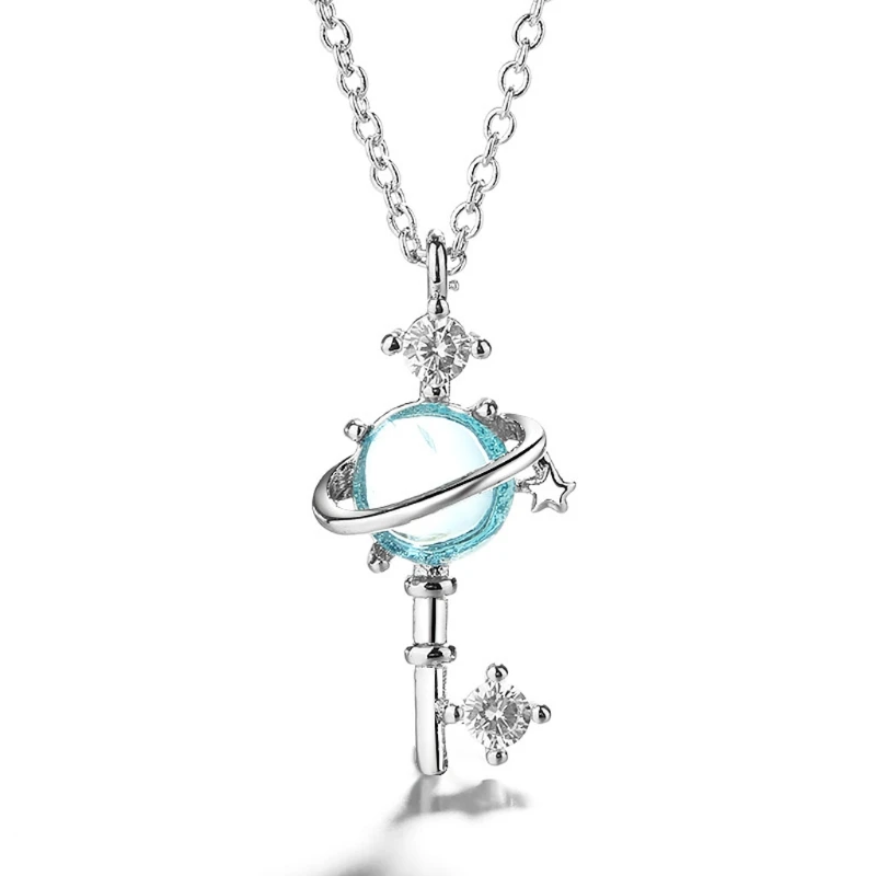 

3 Style Fairy Sea Blue Moon Star Earth Starry Sky Pendant Necklace Kit Dainty Astronomy Key Crystal Necklace Set Jewelry