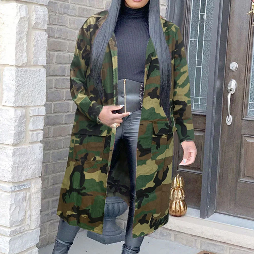 

ArmyGreen Printing Long Jacket Women Pocket Lapel Long Sleeve Single Breasted 2021 Autumn Winter Fashion Loose Casual African